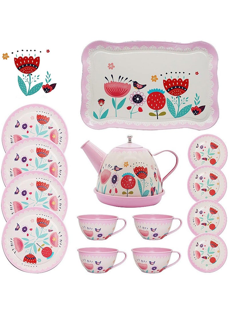 Pink Tea Set for Little Girls - Flower Design Kids Tea Party Set, Princess Teapot & Dishes, Pretend Play Kitchen Toy for Girls