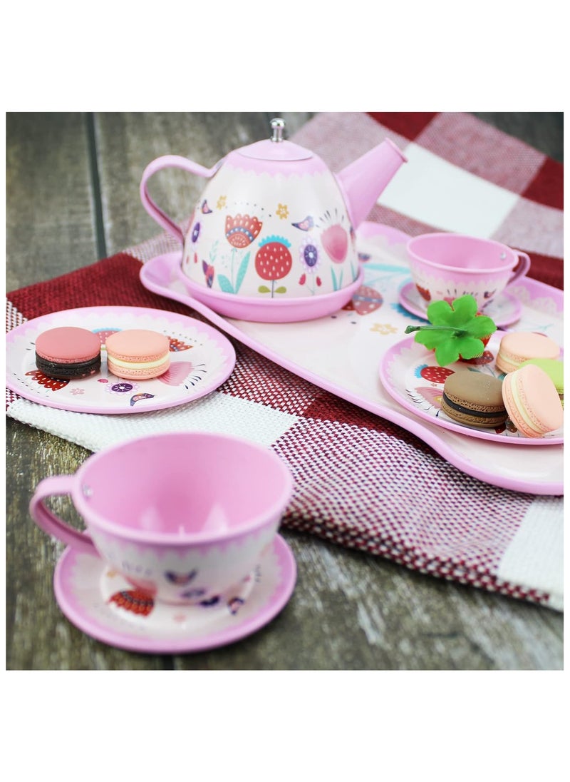 Pink Tea Set for Little Girls Flower Design Kids Tea Party Set, Princess Teapot Dishes Pretend Play Kitchen Toy for Girls