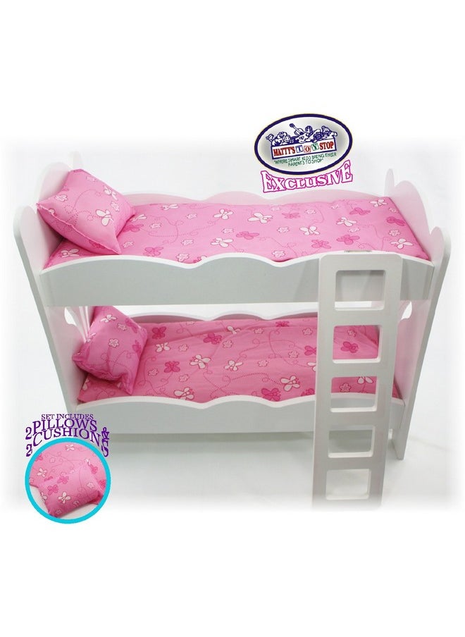 18 Inch Doll Furniture White Wooden Bunk Beds With 2 Pink Pillows, 2 Pink Cushions & Ladder - Fits American Girl Dolls