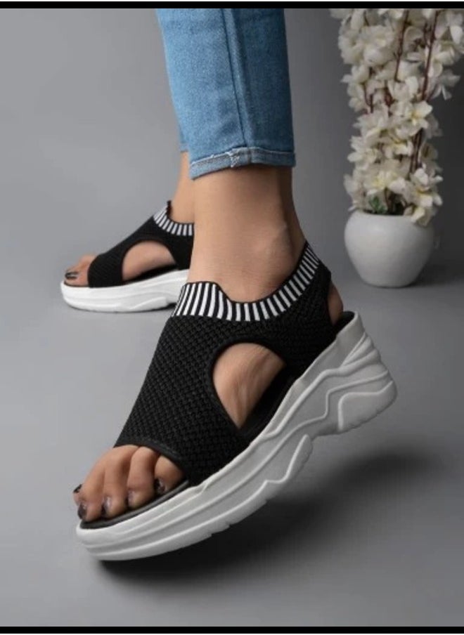 Lightweight Comfortable Daily Wear & Trendy Flatforms Black Sandals for Women & Girls