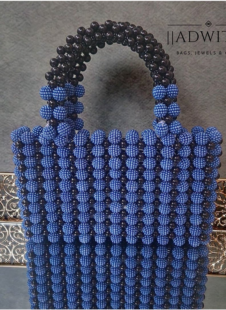 Woven Beaded Tote - Blue Black