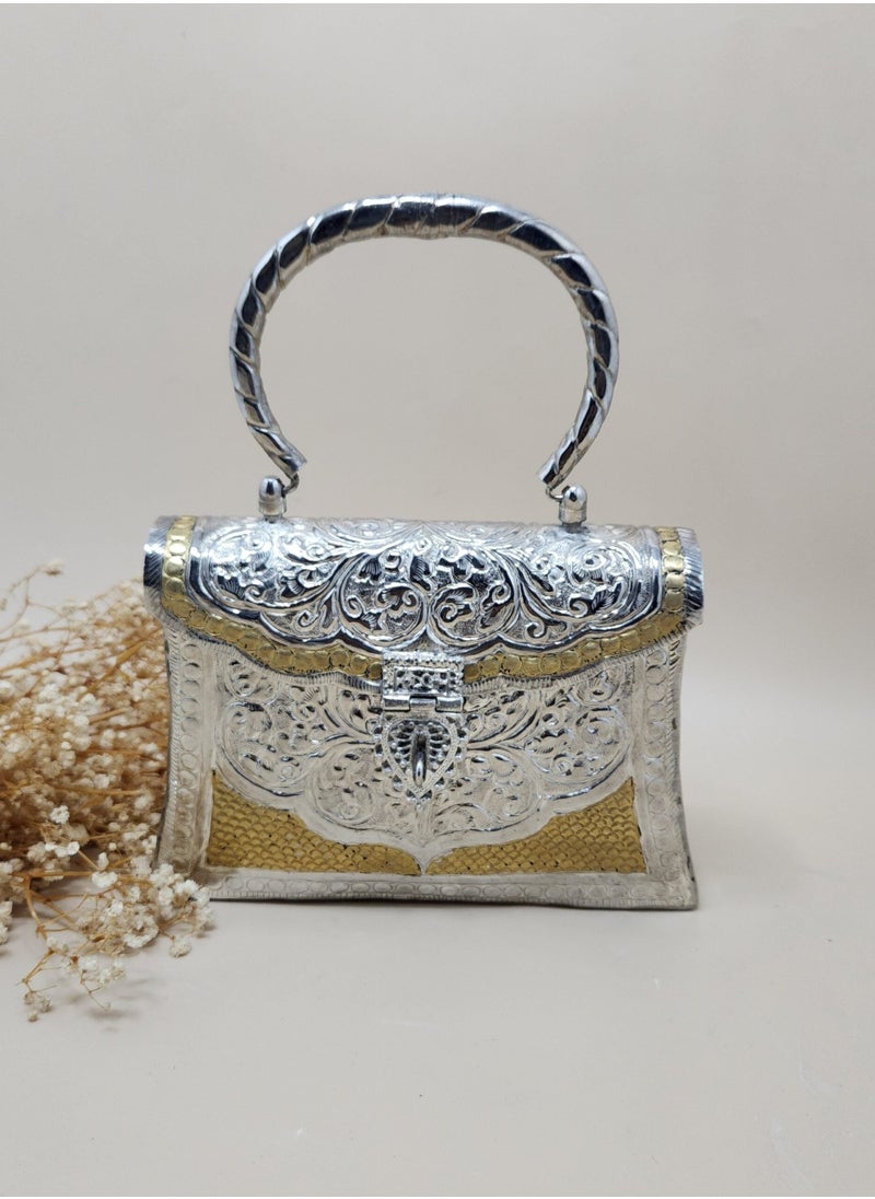 Dual Tone Brass Carved Clutch For Women