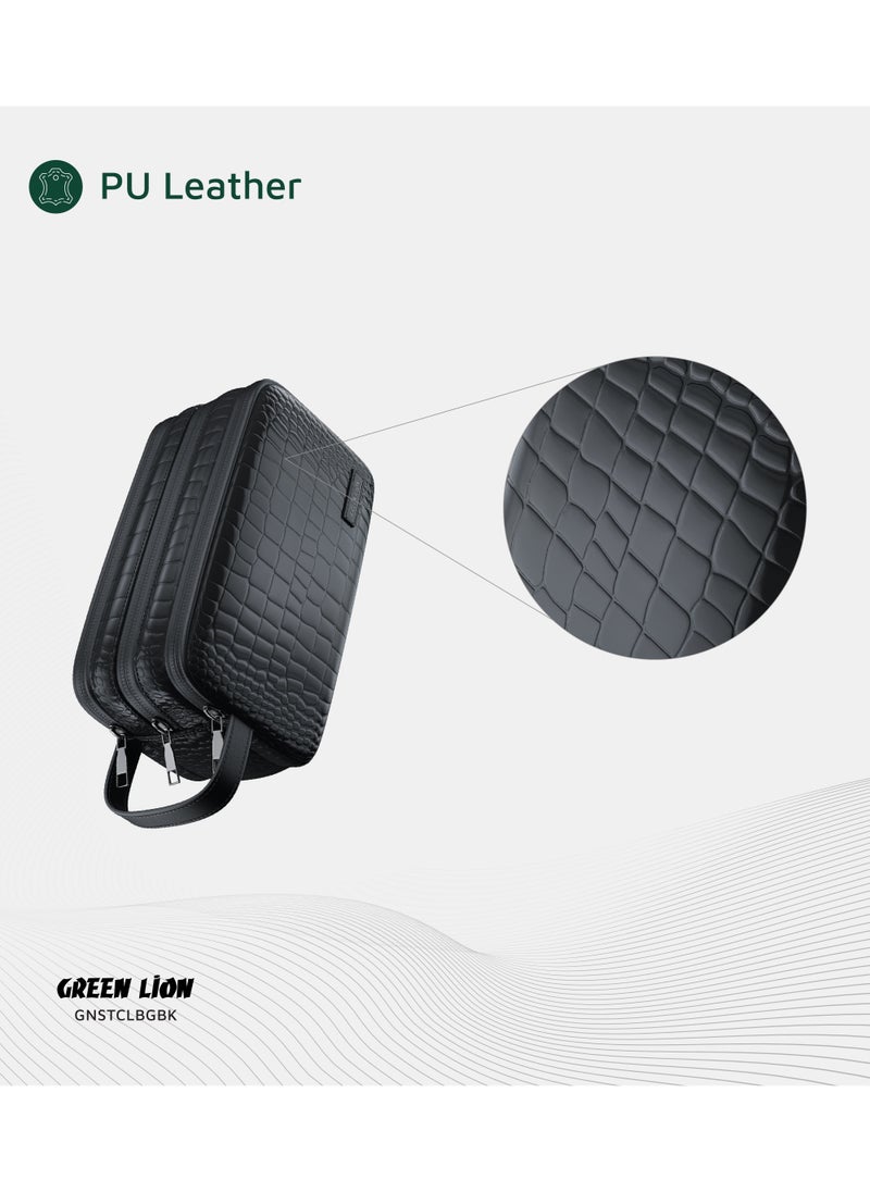 Stallion Clutch Bag / Sturdy Handle / Water-Resistant Exterior / Three Compartments / Ergonomic Design / Zinc Alloy Zipper / Microfiber Interior / PU Leather Exterior / Mesh Pockets / Fit for Accessories - Black