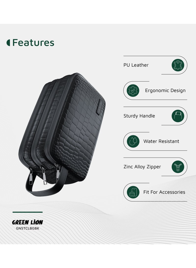 Stallion Clutch Bag / Sturdy Handle / Water-Resistant Exterior / Three Compartments / Ergonomic Design / Zinc Alloy Zipper / Microfiber Interior / PU Leather Exterior / Mesh Pockets / Fit for Accessories - Black