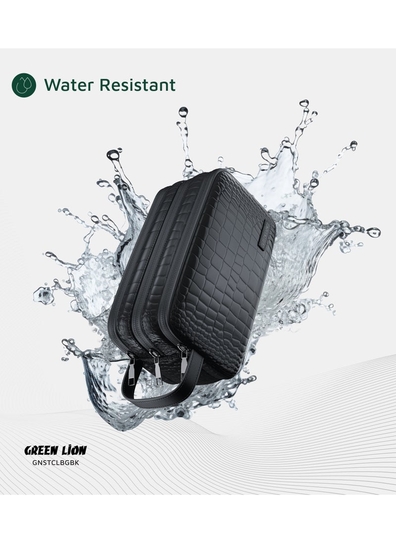 Stallion Clutch Bag / Sturdy Handle / Water-Resistant Exterior / Three Compartments / Ergonomic Design / Zinc Alloy Zipper / Microfiber Interior / PU Leather Exterior / Mesh Pockets / Fit for Accessories - Black