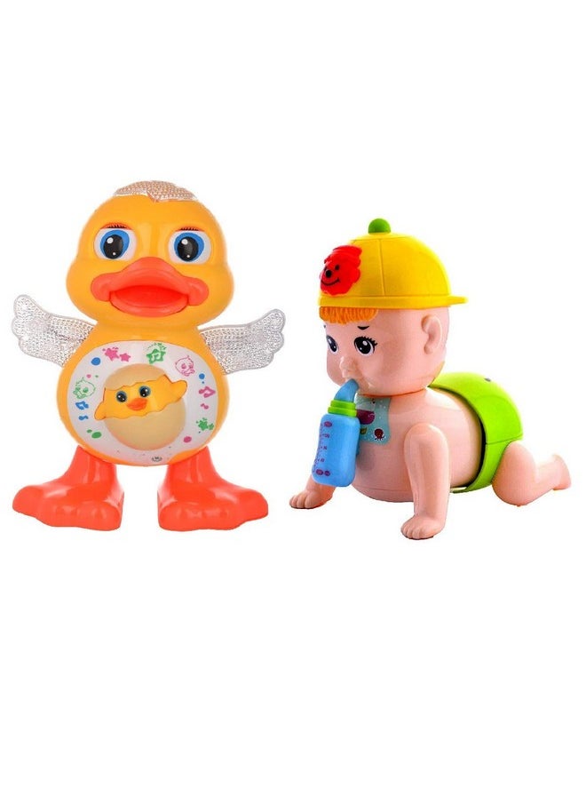 New Pinch Combo of Musical Baby Crawling Toy with Bottle & Dancing Duck Real Dance Action and Music Flashing Lights Best Birthday Return Gift for Kids