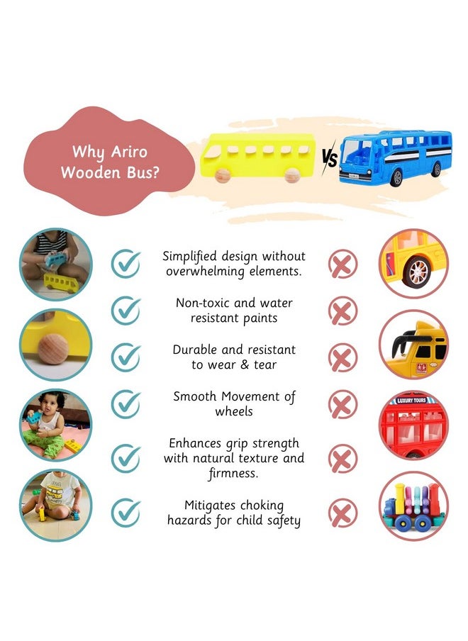 Ariro Wooden Bus for Toddlers and Infants | Push Wooden Vehicle Toy with Smooth and Sturdy Wheels | for 6M to 3Yrs Old | Helps in Hand-Eye Coordination, Problem Solving & Grip Strength