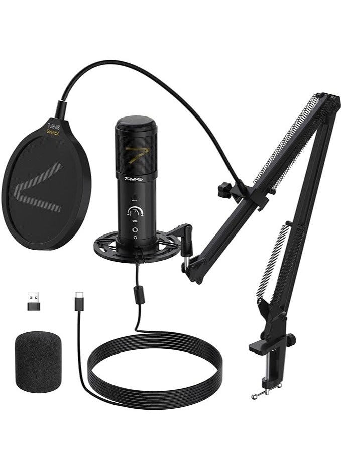 7Ryms USB-Microphone Condenser Gaming-Mic, 192kHz/24bit Tape to Mute Microphone for PC with Boom Arm, Pop Filter, for Streaming Podcast Recording ASMR, for Computer, Phone, PS4/PS5 (SR-AU01-K1)