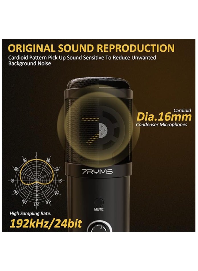 7Ryms USB-Microphone Condenser Gaming-Mic, 192kHz/24bit Tape to Mute Microphone for PC with Boom Arm, Pop Filter, for Streaming Podcast Recording ASMR, for Computer, Phone, PS4/PS5 (SR-AU01-K1)