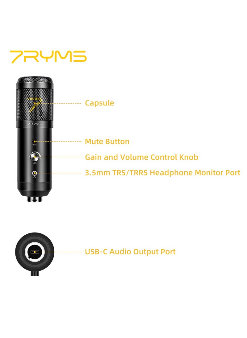 7Ryms USB-Microphone Condenser Gaming-Mic, 192kHz/24bit Tape to Mute Microphone for PC with Boom Arm, Pop Filter, for Streaming Podcast Recording ASMR, for Computer, Phone, PS4/PS5 (SR-AU01-K1)