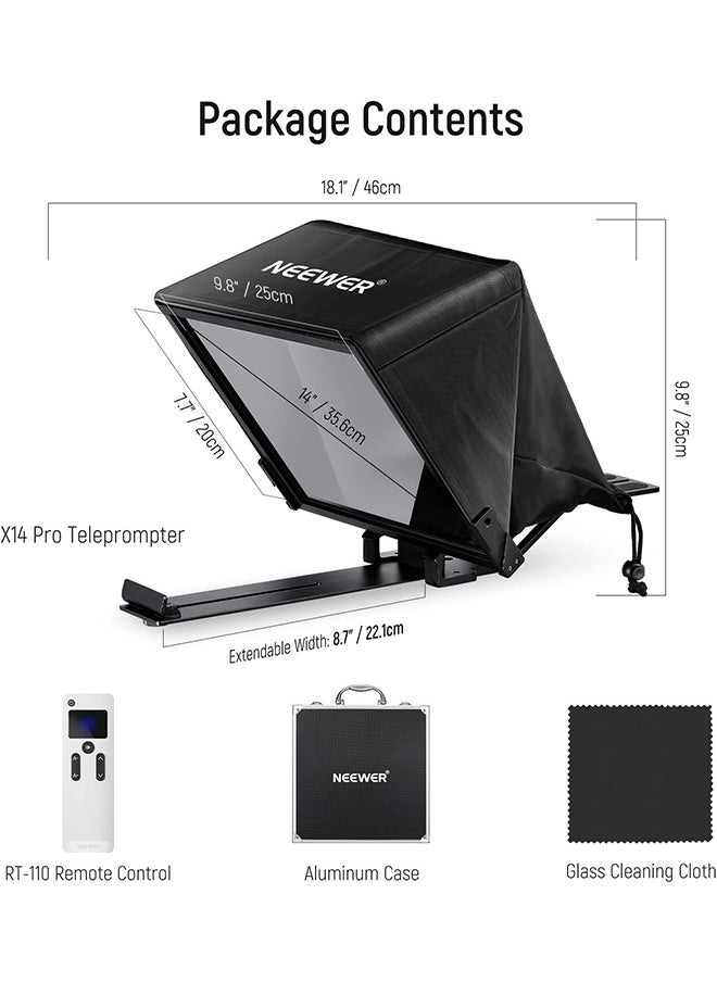 NEEWER Teleprompter X14 PRO with RT-110 Remote & APP Control (Bluetooth Connection via NEEWER Teleprompter App), 14” Portable No Assembly Compatible with iPad Android Tablet Smartphone Camera