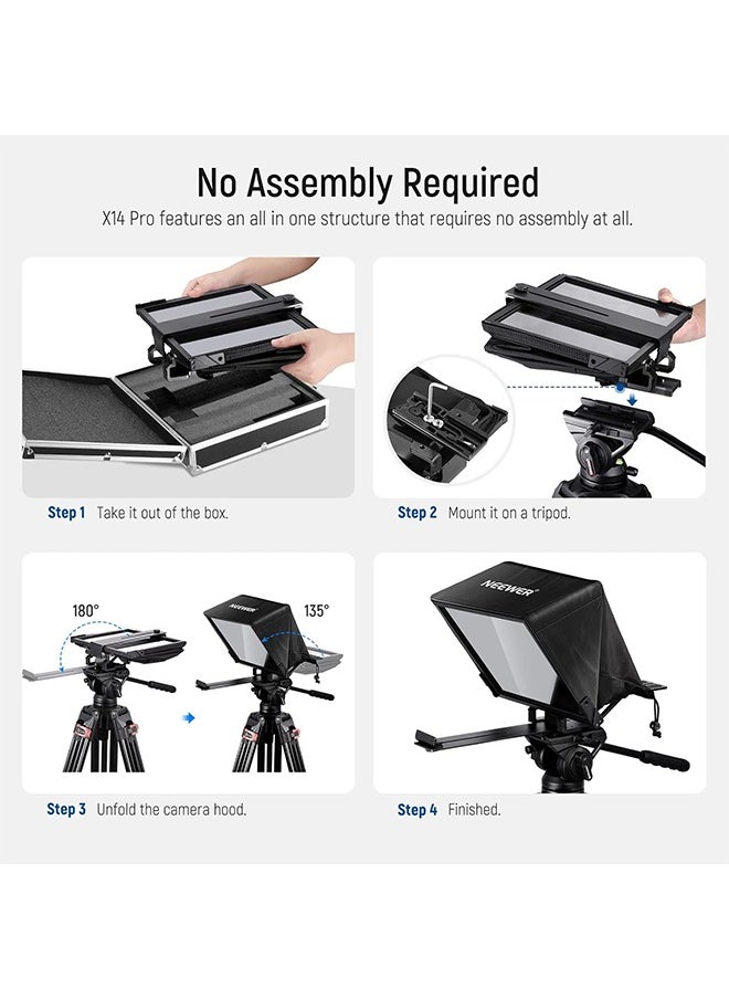 NEEWER Teleprompter X14 PRO with RT-110 Remote & APP Control (Bluetooth Connection via NEEWER Teleprompter App), 14” Portable No Assembly Compatible with iPad Android Tablet Smartphone Camera