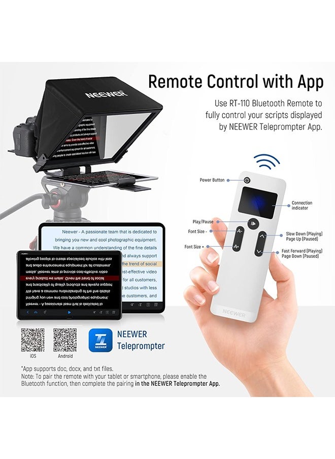 NEEWER Teleprompter X14 PRO with RT-110 Remote & APP Control (Bluetooth Connection via NEEWER Teleprompter App), 14” Portable No Assembly Compatible with iPad Android Tablet Smartphone Camera