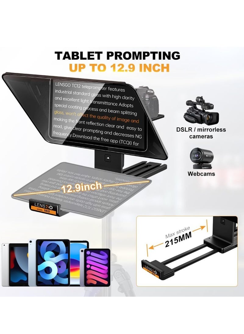 LENSGO TC12 Teleprompter for DSLR/Mirrorless Camera and Tablet up to 12.9 Inches, Professional Teleprompter for Video Recording, Vlogging, Live Streaming.