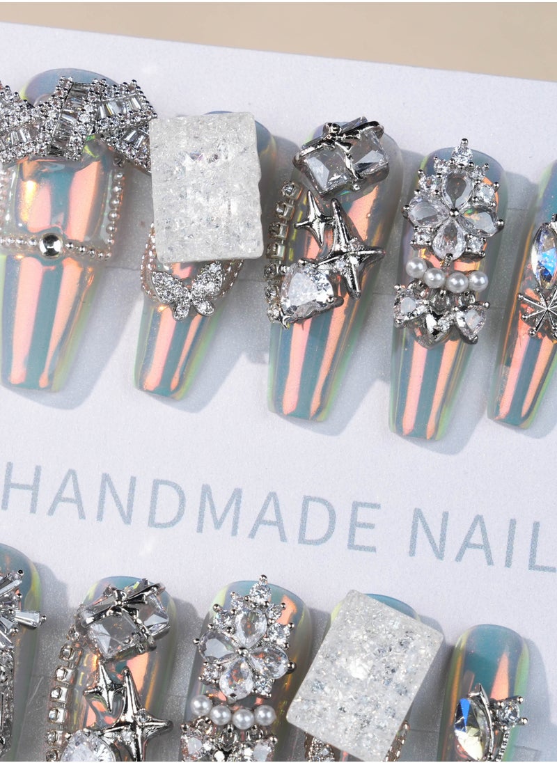 Luxury 3D Rhinestone Chrome Press-On Nails – Iridescent Finish with Gemstone and Metal Accents