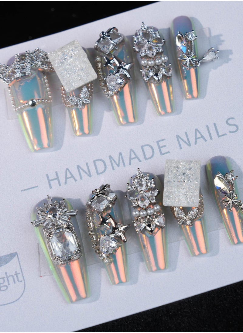 Luxury 3D Rhinestone Chrome Press-On Nails – Iridescent Finish with Gemstone and Metal Accents