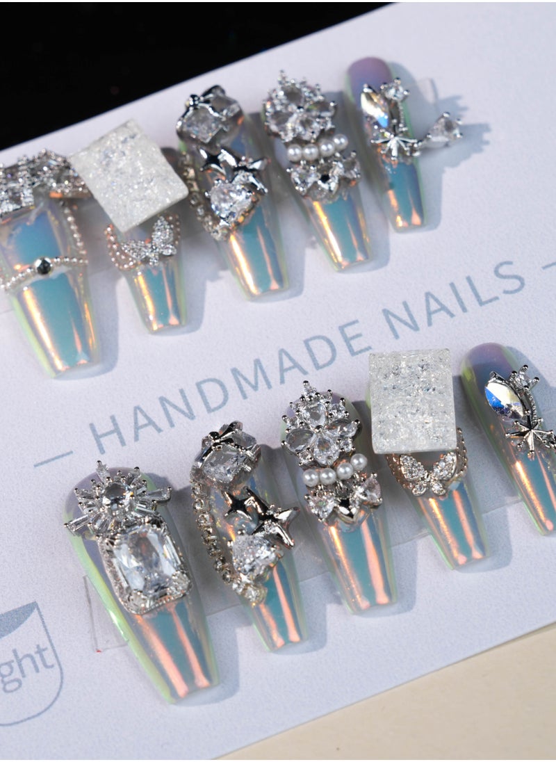 Luxury 3D Rhinestone Chrome Press-On Nails – Iridescent Finish with Gemstone and Metal Accents