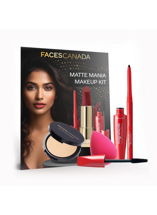Faces Canada Matte Mania Makeup Kit - Kajal (0.35G) + Lipstick (4.2G) + Compact (9G) + Mascara (9.5Ml) + Beauty Blender | Pack Of 5 | Makeup Kit For Women