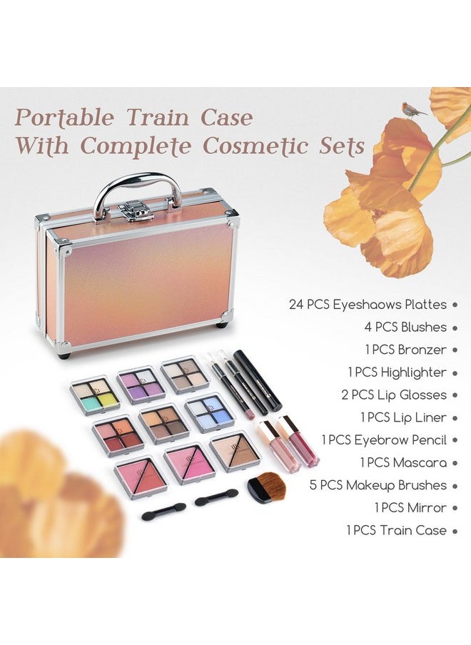 Beginner Makeup Kits For Teens With Train Case Included Full Makeup Kit Eyeshadow Palette Blushes Bronzer Highlighter Lipstick Brushes Mirror（Gold）