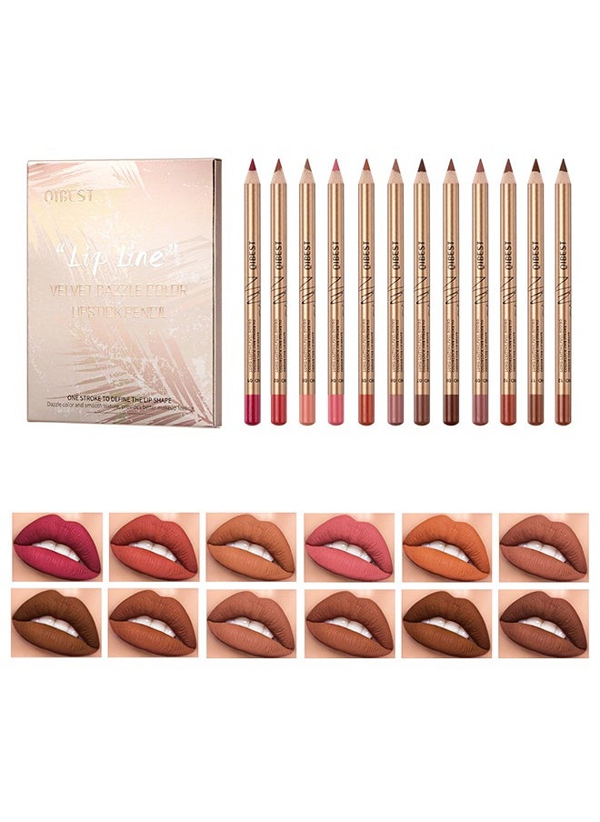 Lip Line Velvet Dazzle Color Lipsyick Pencil，12 Colors  Lip Line Pencil， Matte Waterproof Long Lasting Lipstick Lip Contour Makeup Lip Liner Set Full Color One Stroke Define Lip Liner12Pcs Lip Liner Set