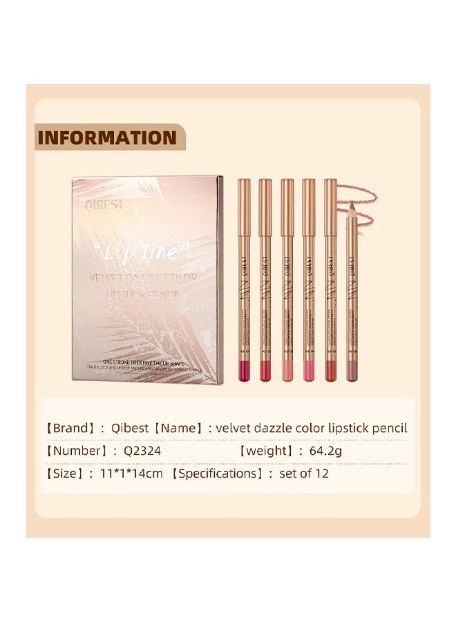 Lip Line Velvet Dazzle Color Lipsyick Pencil，12 Colors  Lip Line Pencil， Matte Waterproof Long Lasting Lipstick Lip Contour Makeup Lip Liner Set Full Color One Stroke Define Lip Liner12Pcs Lip Liner Set