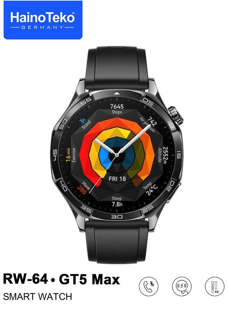 Haino Teko RW-64 GT5 Max Smartwatch With Large Screen AMOLED Display Voice Assistant and 3 Pair Straps Designed For Men Black