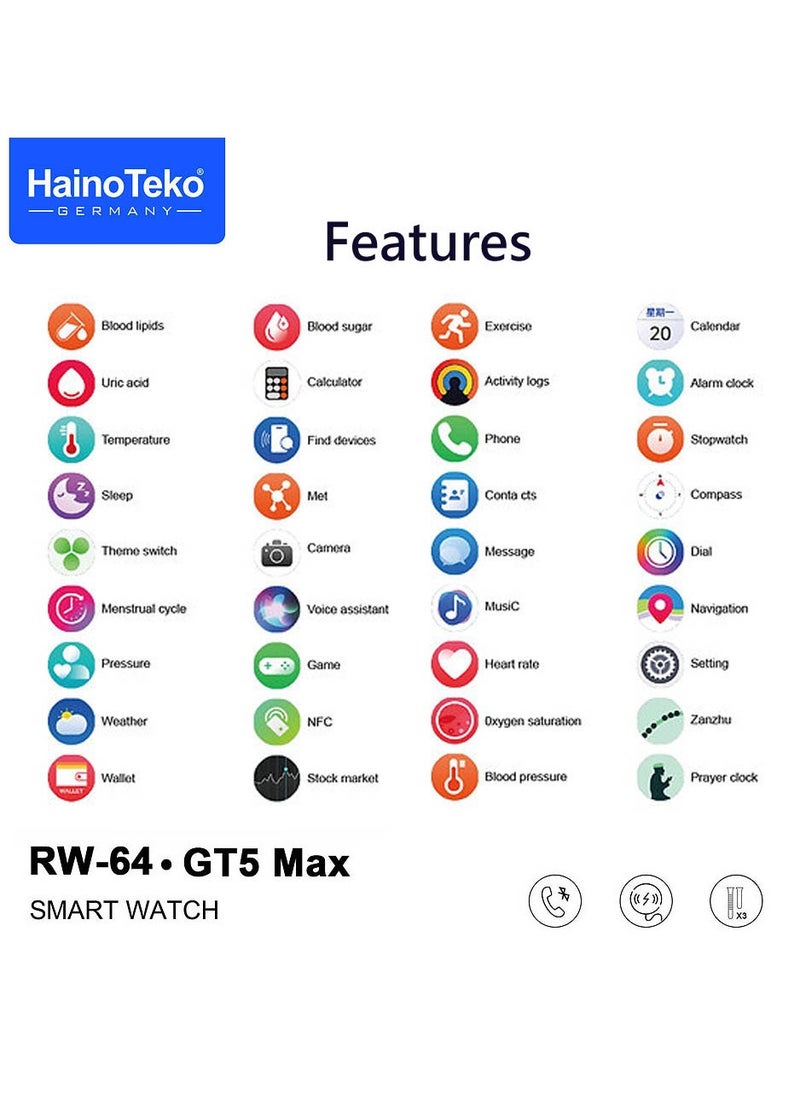 Haino Teko RW-64 GT5 Max Smartwatch With Large Screen AMOLED Display Voice Assistant and 3 Pair Straps Designed For Men Black