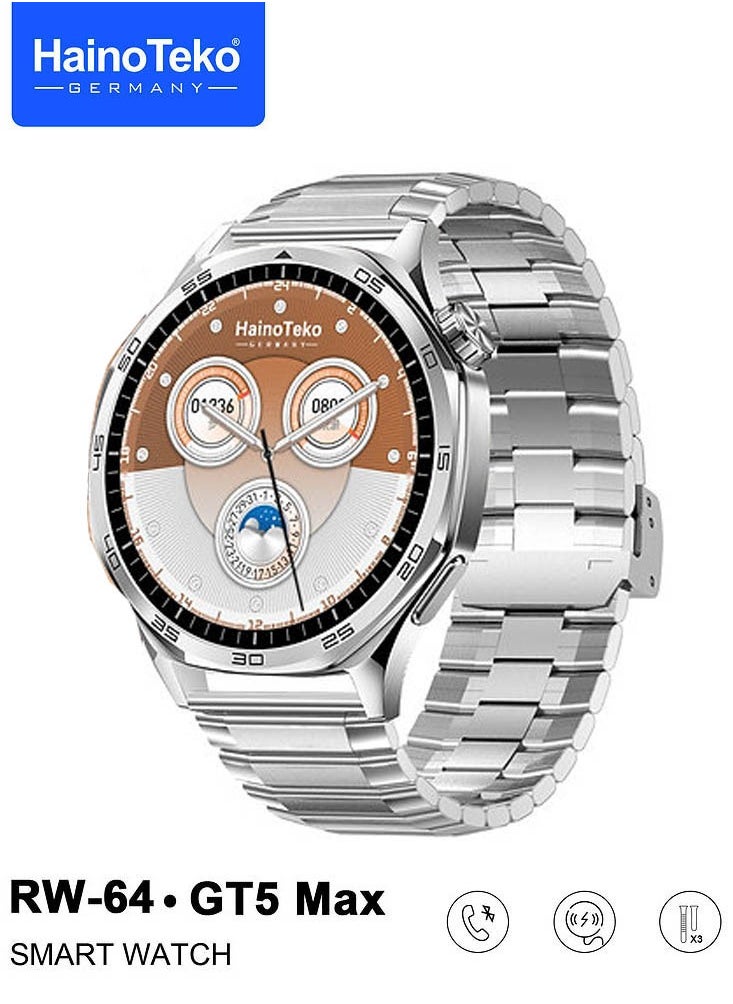 HainoTeko RW-64  Smartwatch With AMOLED Larg Screen Display Voice Assistant and 3 Pair Straps Designed For Men Silver