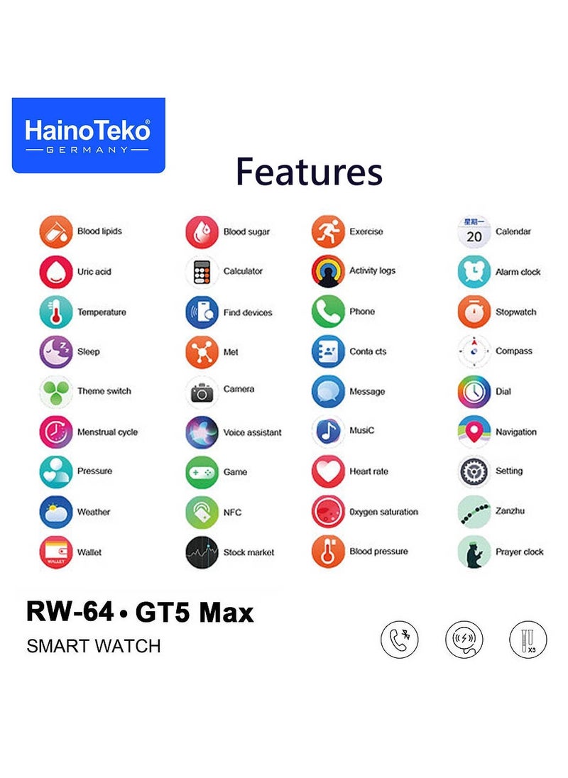 HainoTeko RW-64  Smartwatch With AMOLED Larg Screen Display Voice Assistant and 3 Pair Straps Designed For Men Silver
