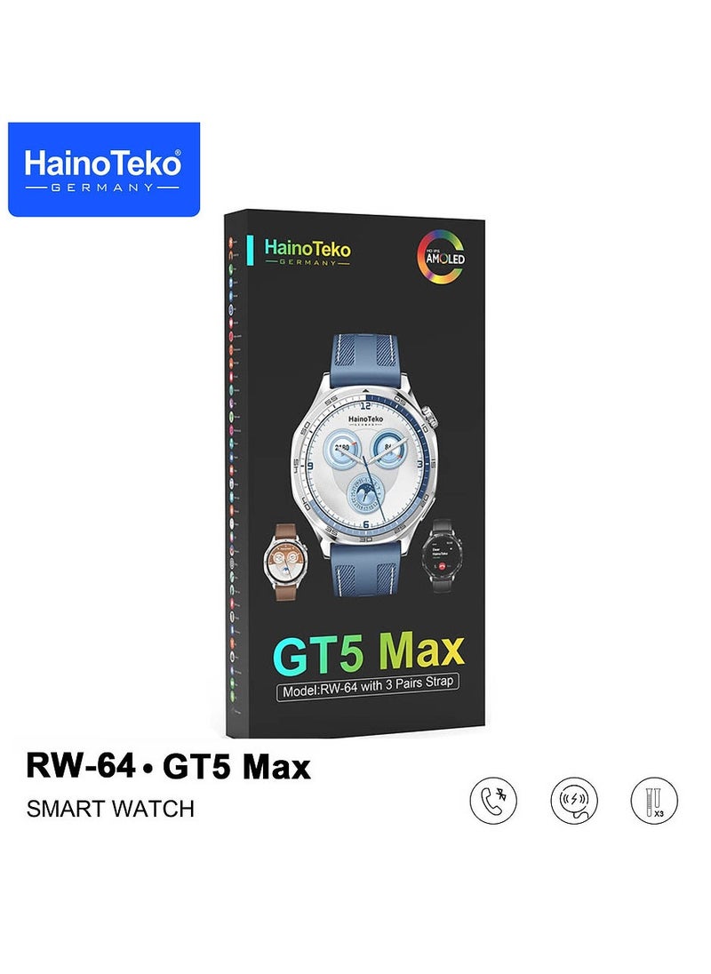 HainoTeko RW-64  Smartwatch With AMOLED Larg Screen Display Voice Assistant and 3 Pair Straps Designed For Men Silver