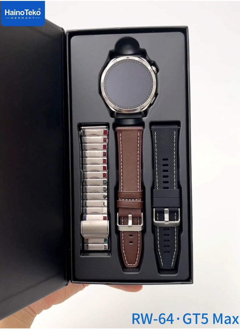 HainoTeko RW-64  Smartwatch With AMOLED Larg Screen Display Voice Assistant and 3 Pair Straps Designed For Men Silver