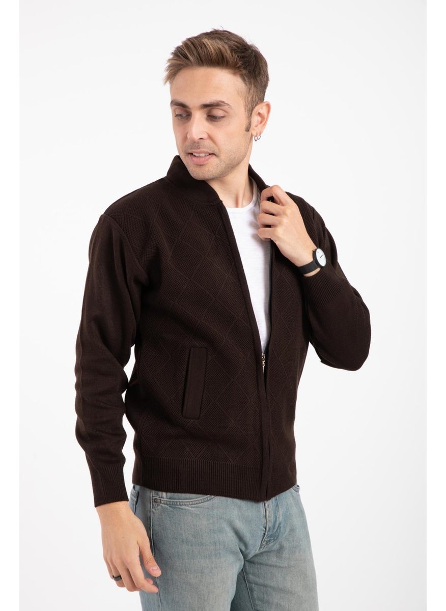 Men's Middle Age and Above Knitwear Acrylic Zippered Winter Dad Cardigan 2073-Brown Color