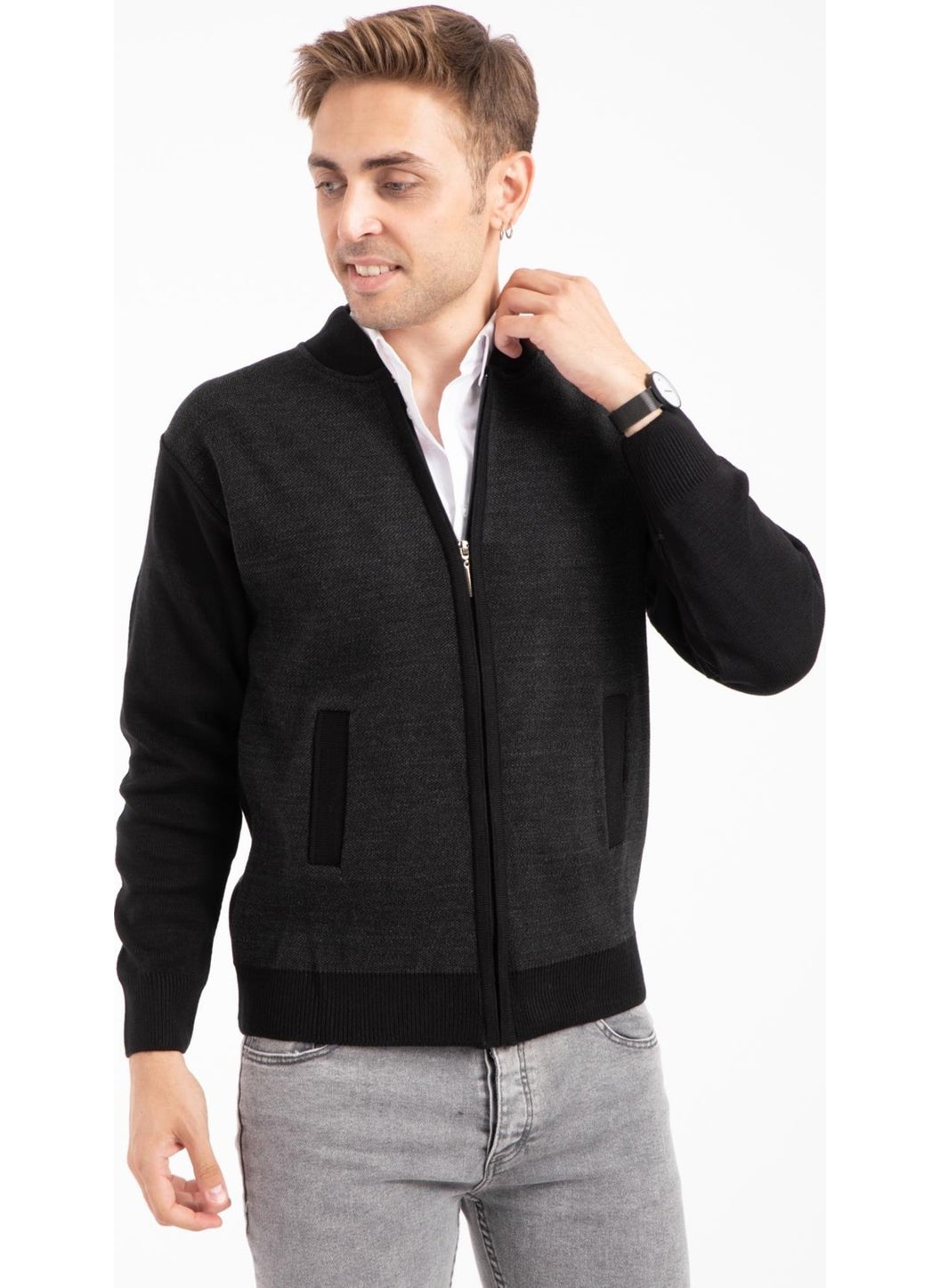 Men's Middle Age and Above Knitwear Acrylic Zippered Winter Dad Cardigan 2062-Black