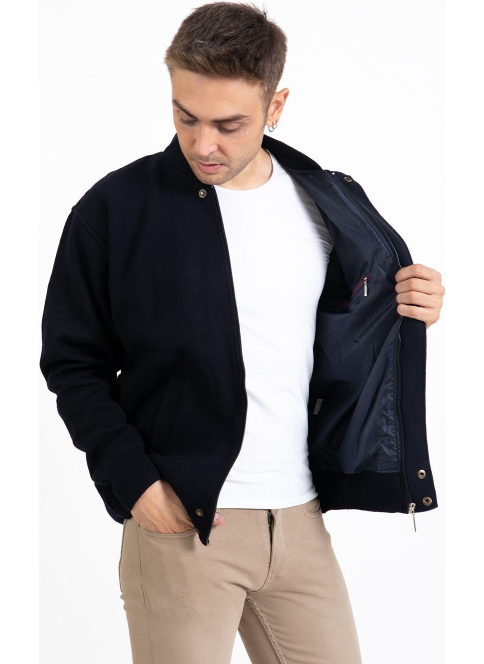 Men's Middle Age and Above Knitwear Lined Acrylic Zippered Winter Dad Cardigan 3065-Navy Blue