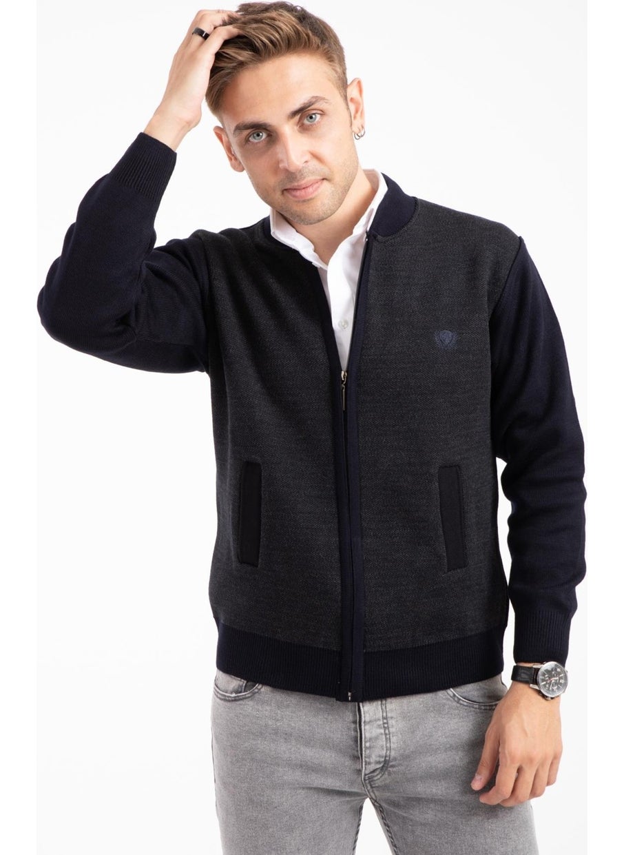 Men's Middle Age and Above Knitwear Acrylic Zippered Winter Dad Cardigan 2062-Navy Blue