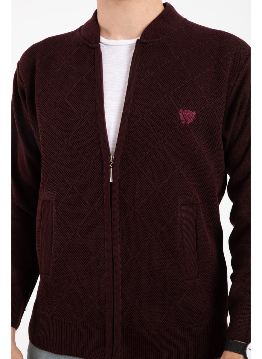 Men's Middle Age and Above Knitwear Acrylic Zippered Winter Father's Cardigan 2073-Burgundy