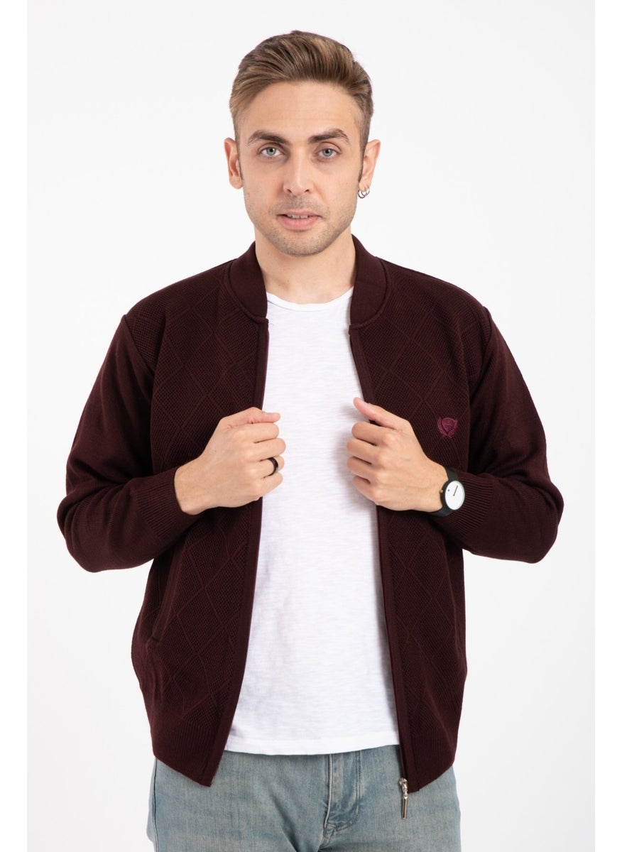 Men's Middle Age and Above Knitwear Acrylic Zippered Winter Father's Cardigan 2073-Burgundy