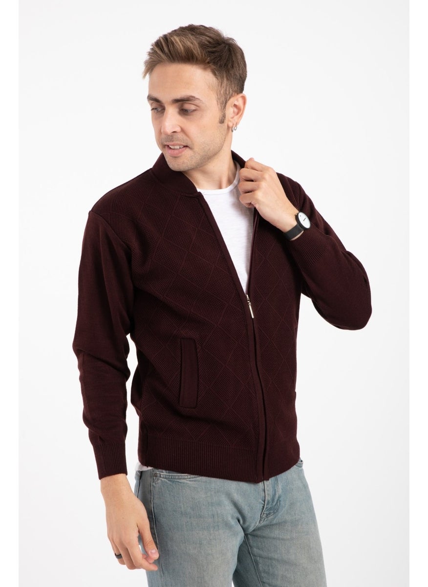 Men's Middle Age and Above Knitwear Acrylic Zippered Winter Father's Cardigan 2073-Burgundy