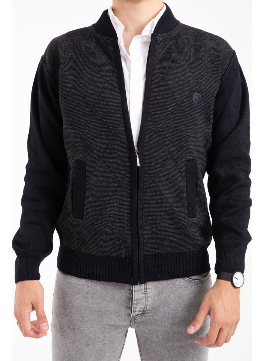 Men's Middle Age and Above Knitwear Acrylic Zippered Winter Dad Cardigan 2068-Navy Blue