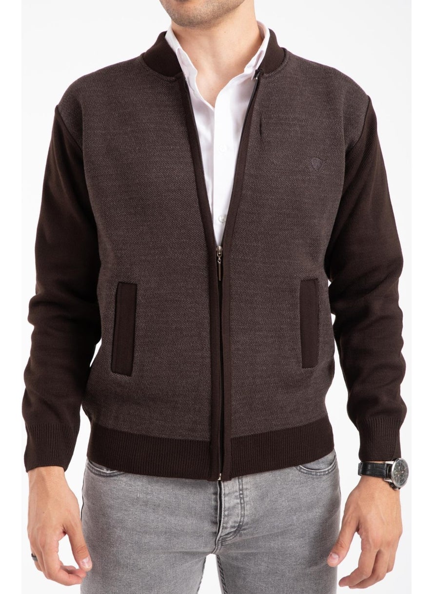 Men's Middle Age and Above Knitwear Acrylic Zippered Winter Dad Cardigan 2062-Coffee Color