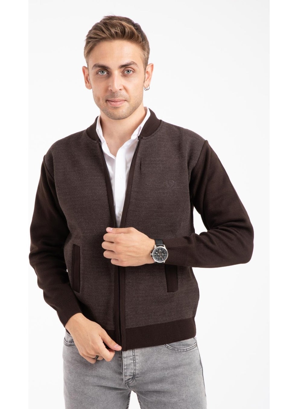 Men's Middle Age and Above Knitwear Acrylic Zippered Winter Dad Cardigan 2062-Coffee Color