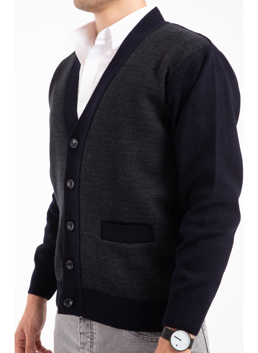 Men's Middle Age and Above Knitwear Knit Acrylic Winter Dad Cardigan 2062-Navy Blue-Buttoned