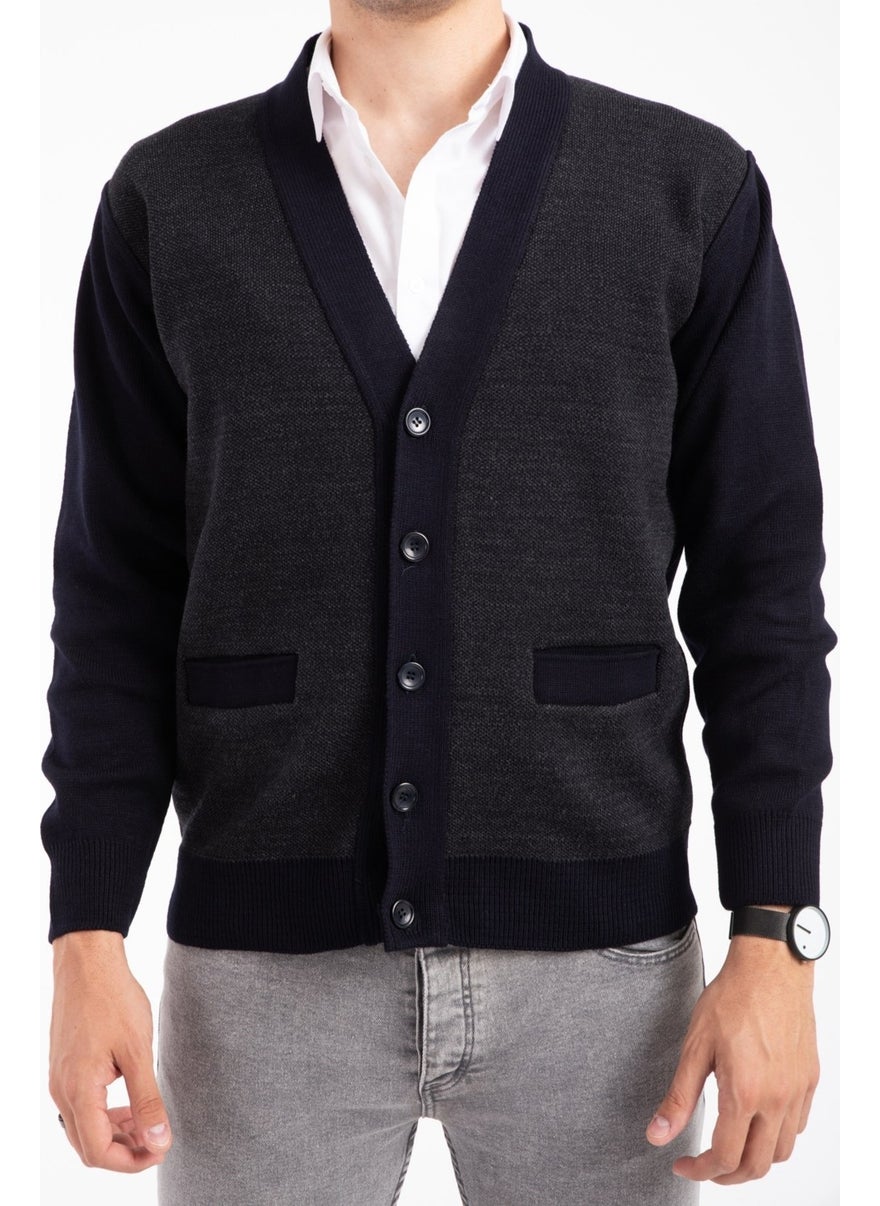 Men's Middle Age and Above Knitwear Knit Acrylic Winter Dad Cardigan 2062-Navy Blue-Buttoned