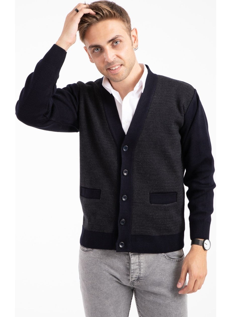 Men's Middle Age and Above Knitwear Knit Acrylic Winter Dad Cardigan 2062-Navy Blue-Buttoned