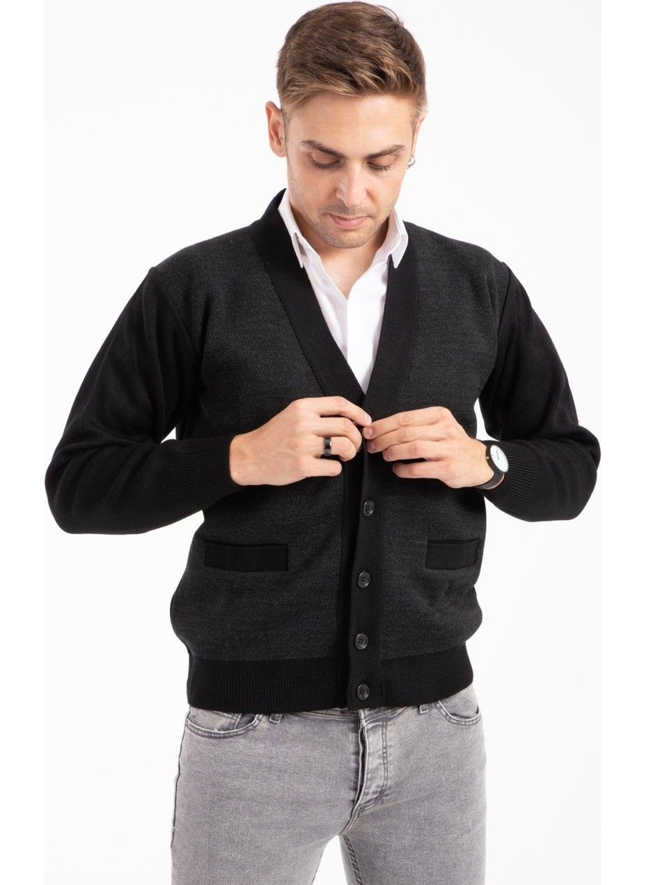 Men's Middle Age and Above Knitwear Knit Acrylic Winter Dad Cardigan 2062-Black-Buttoned