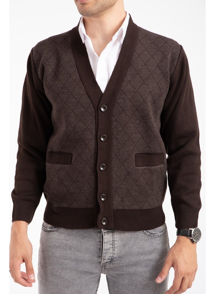 Men's Middle Age and Above Knitwear Knit Acrylic Winter Dad Cardigan 2057-Coffee-Buttoned