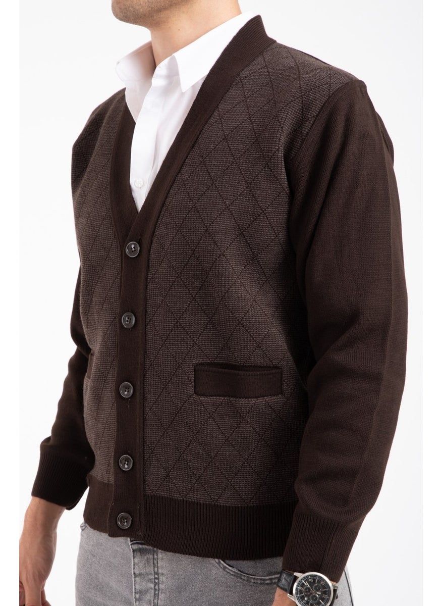 Men's Middle Age and Above Knitwear Knit Acrylic Winter Dad Cardigan 2057-Coffee-Buttoned