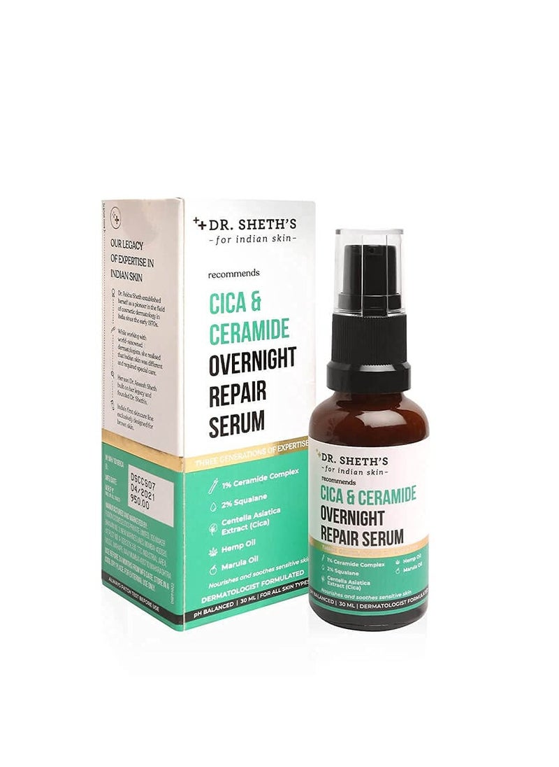 Dr. Sheth's Cica & Ceramide Overnight Repair Face Serum For Glowing Skin | Repairs Skin With 2% Squalane, Marula Oil, 1% Ceramide Complex & Centella Extract Face Serum For All Skin Types -30ml