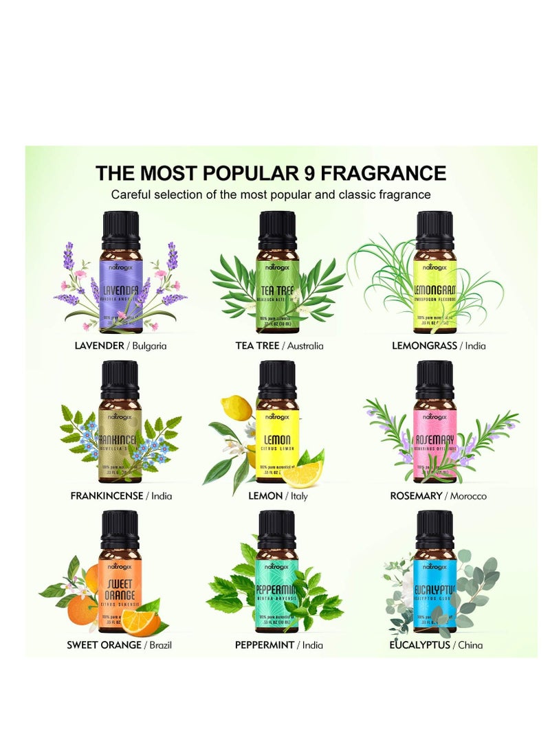 Greenlem Treasure Essential Oils - Top 9 Therapeutic Grade 100% Pure Essential Oil Set 9/10ml Tea Tree, Lavender, Eucalyptus, Frankincense, Lemongrass, Lemon, Rosemary, Orange, Peppermint