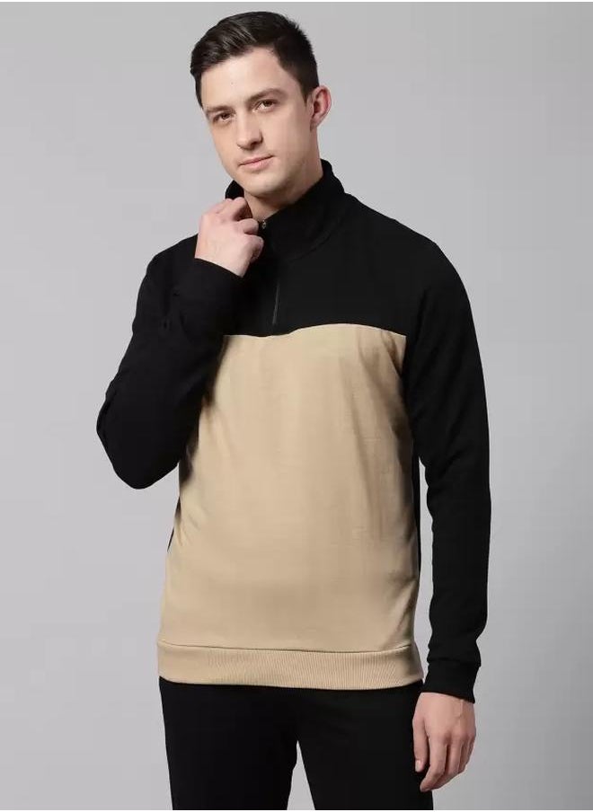 Regular Fit Khaki Sweatshirt for Men - Polycotton, Colourblocked, Mock Neck, Full Sleeves, Casual Look